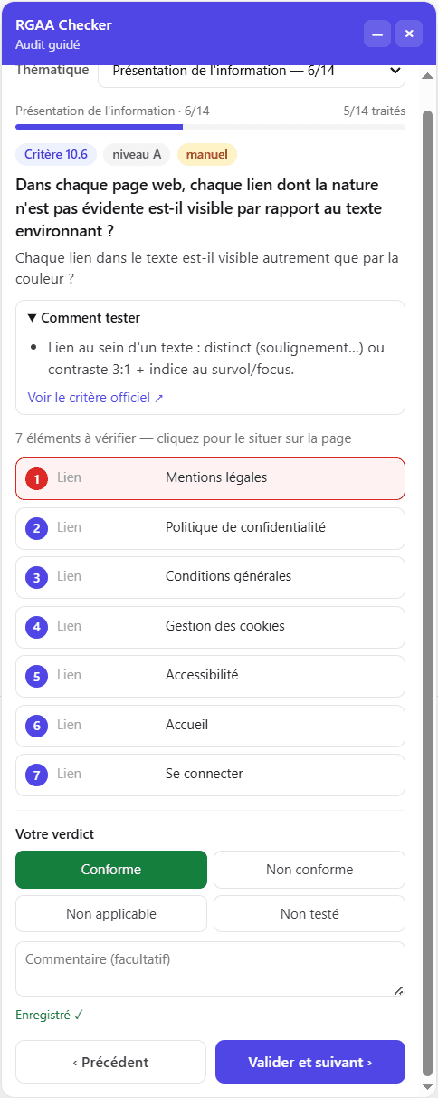 Panneau de l'extension RGAA Checker affichant le critère 10.6, la liste des sept liens à vérifier sur la page, et les quatre boutons de verdict (conforme, non conforme, non applicable, non testé).
